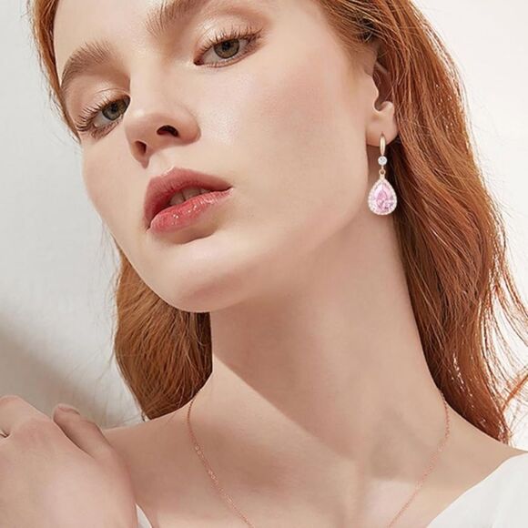 14K Rose Gold with Pink Sapphire Cubic Zirconia Teardrop Hook Dangling Earrings - Picture 4 of 5